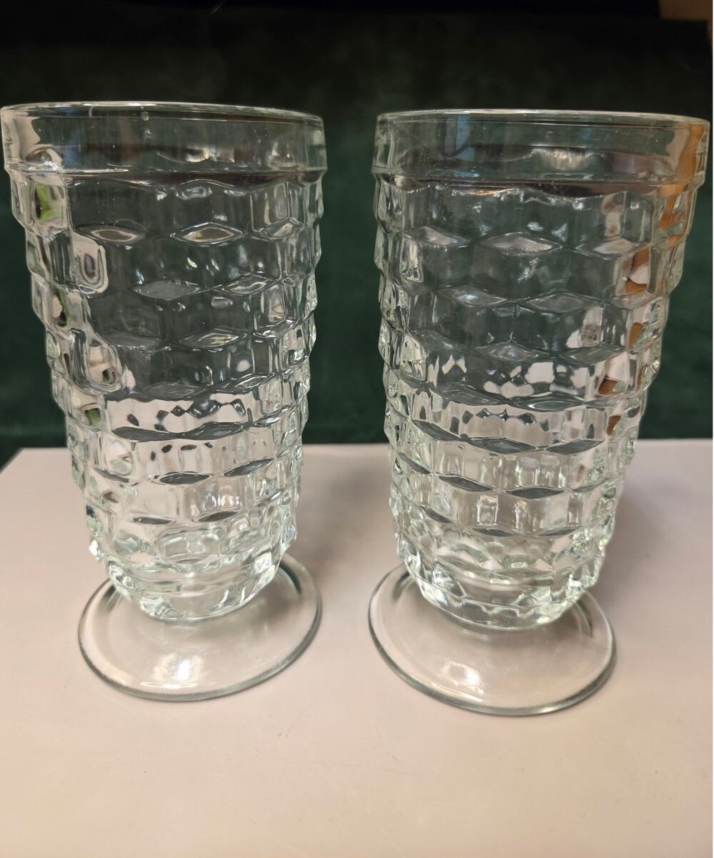 Indiana Glass, Whitehall Two Clear Cubist Tumblers; 1970s Ice Tea, Water; 6.5"